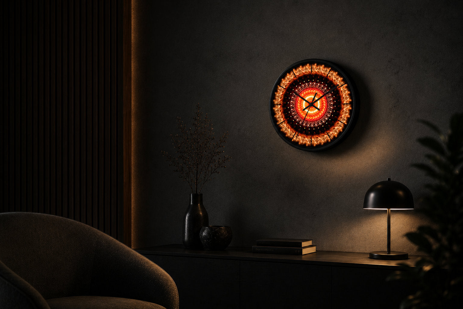 Time of Resonance wall clock collection featuring Solaris Mandala in a modern dark interior