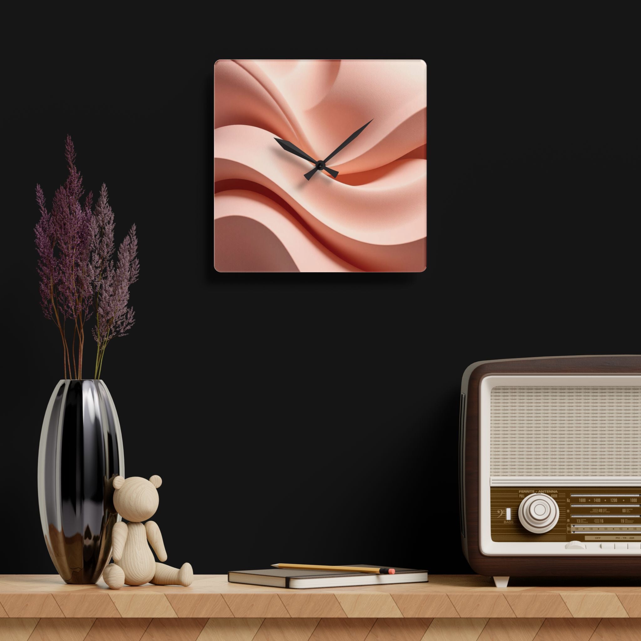 acrylic wall clock "Linea Rosa" in dark grey interior blush pink abstract wall clock minimalist design