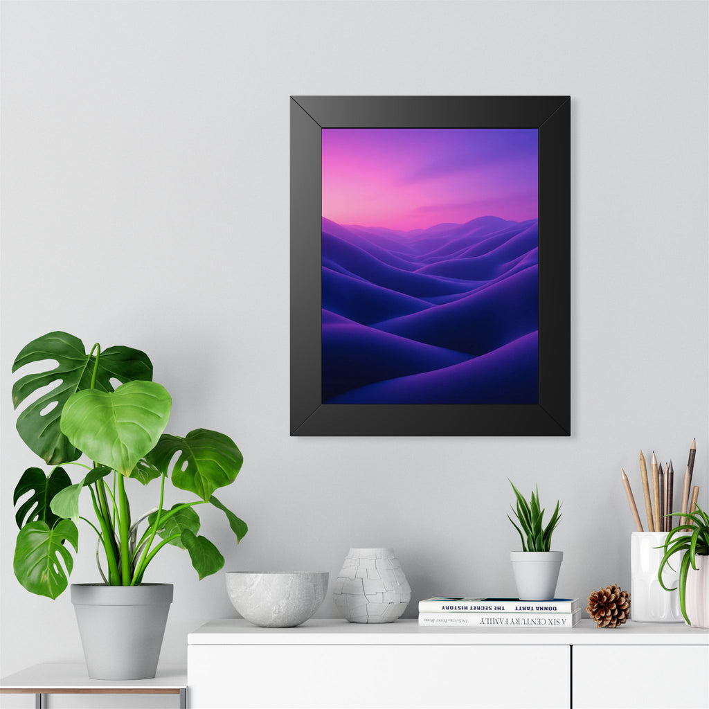 Vertical wall art with violet abstract landscape in bright modern interior with plants and white decor