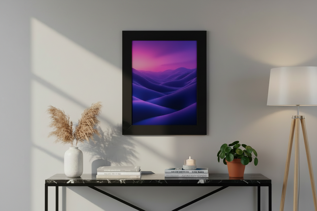 Vertical wall art with violet abstract landscape displayed in modern interior with lamp and decor