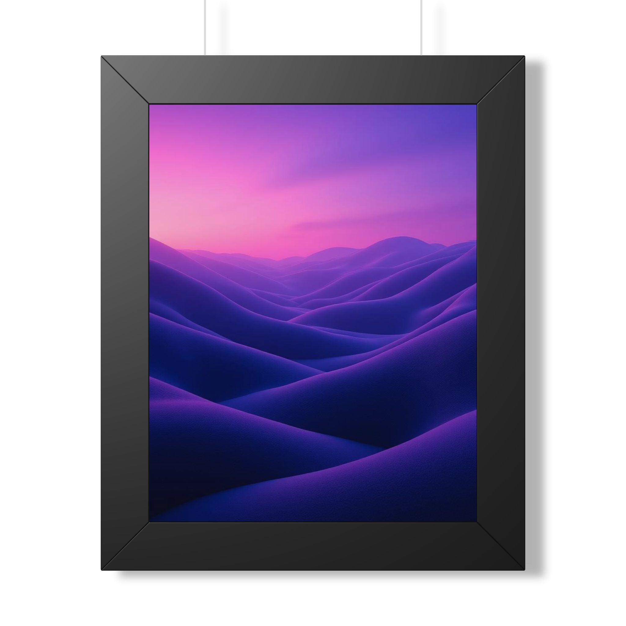 Vertical wall art of violet abstract landscape with flowing hills at sunset