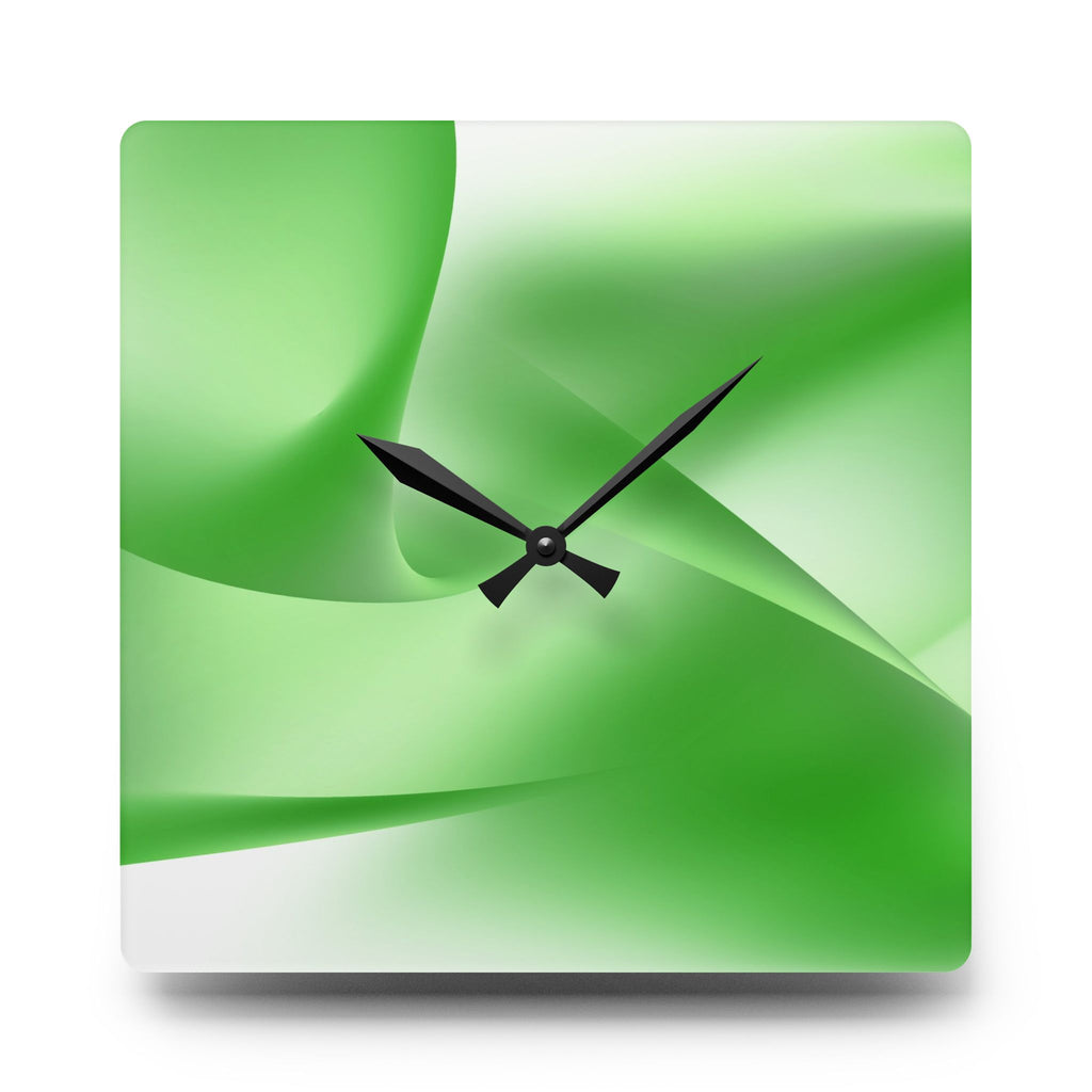 Verdant Aura green abstract acrylic wall clock with smooth gradient design and black hands on a clean white background