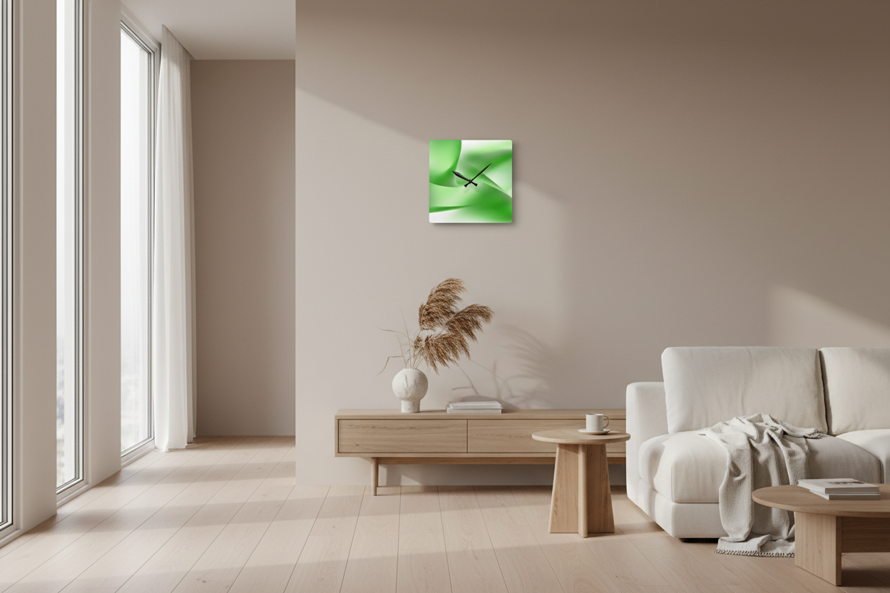 Minimalist green abstract wall clock by HOUR1207 displayed in a bright Scandinavian-inspired luxury interior with soft natural sunlight, neutral decor, light oak furniture, and calm contemporary styling.