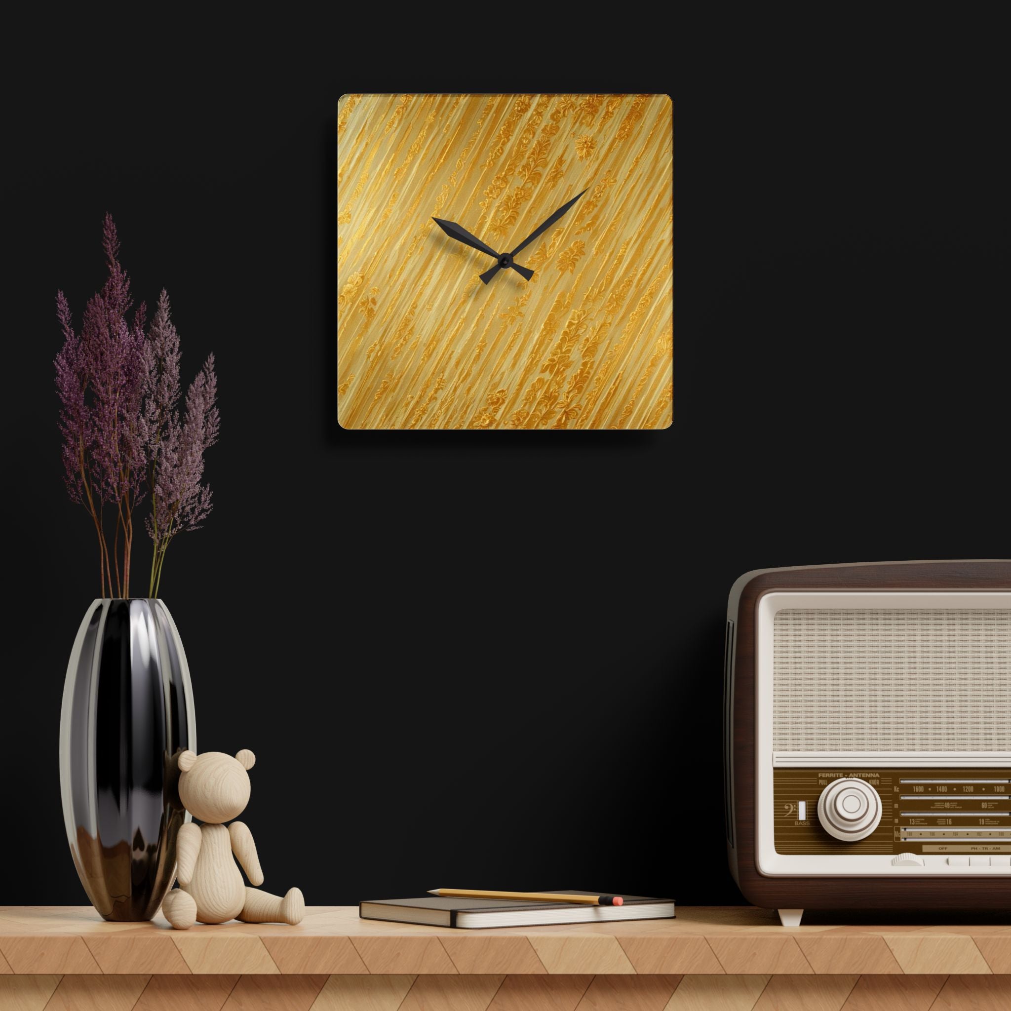 acrylic wall clock "Midnight Gold" in dark interior black and gold abstract wall clock luxury minimalist design