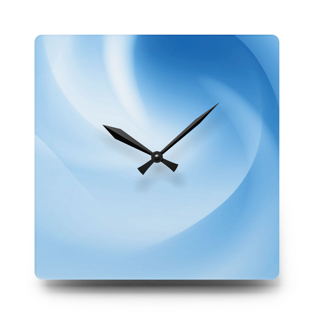 Detail view of the “Atlas Veil” acrylic wall clock by HOUR1207 featuring soft blue flowing gradients beneath a glossy acrylic surface with minimalist black hands and atmospheric futuristic design.