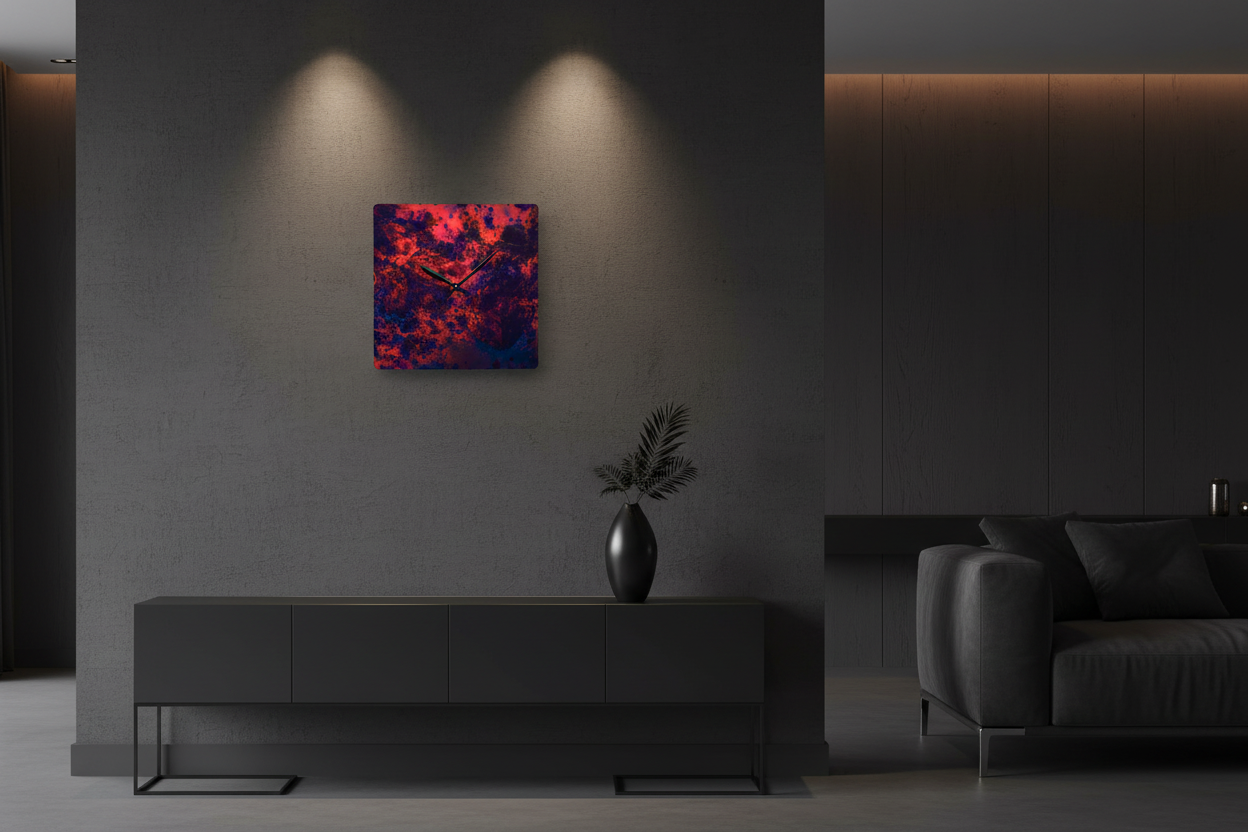 Modern square wall clock Nocturn I with abstract red and purple gradient design