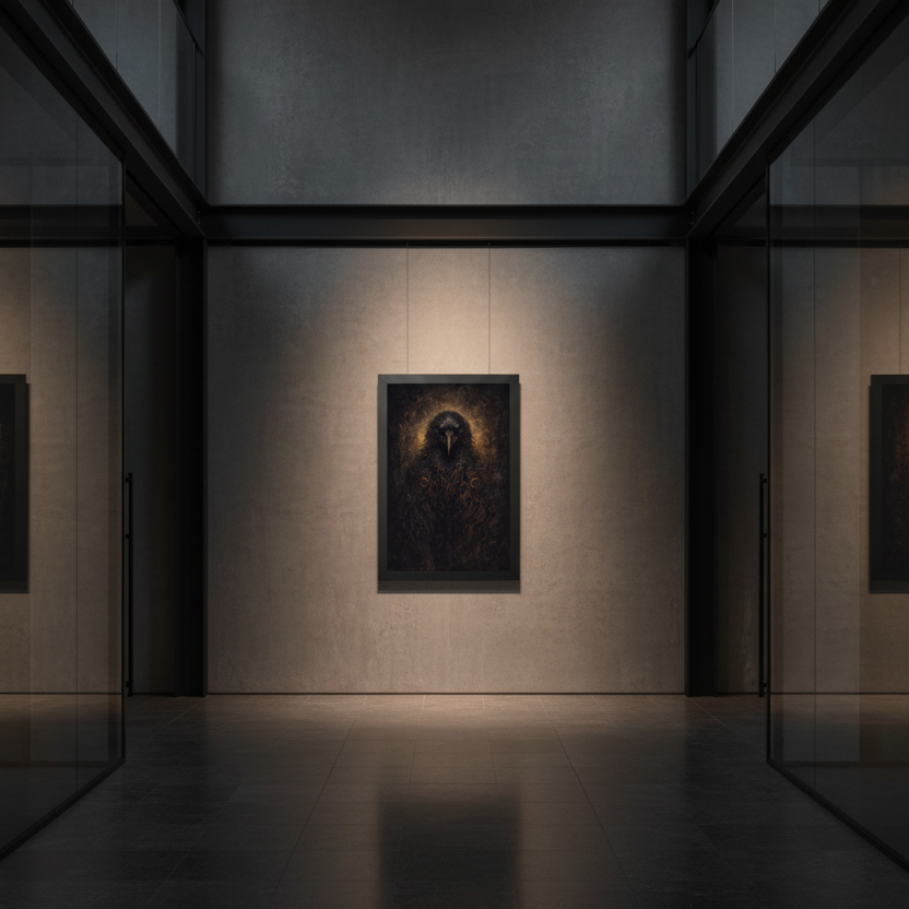 Silent Witness collectible artwork presented in a cinematic museum-inspired gallery environment.