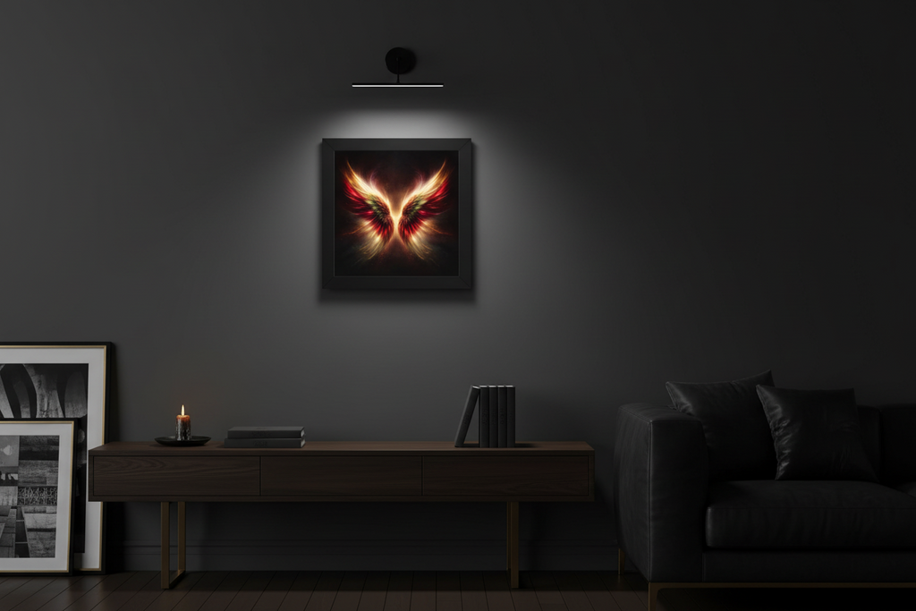 abstract wall art "Wings of Desire I" in dark interior dramatic red wings luxury wall decor