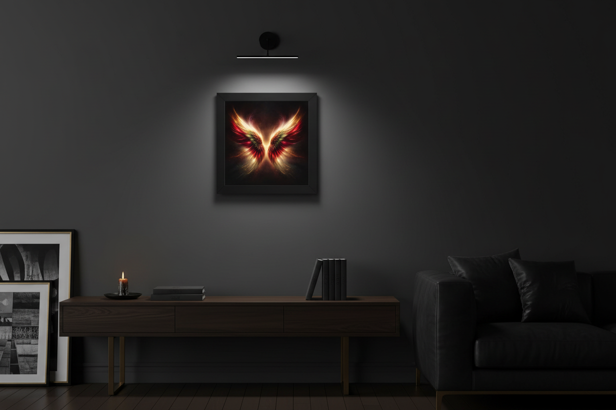 abstract wall art "Wings of Desire I" in dark interior dramatic red wings luxury wall decor