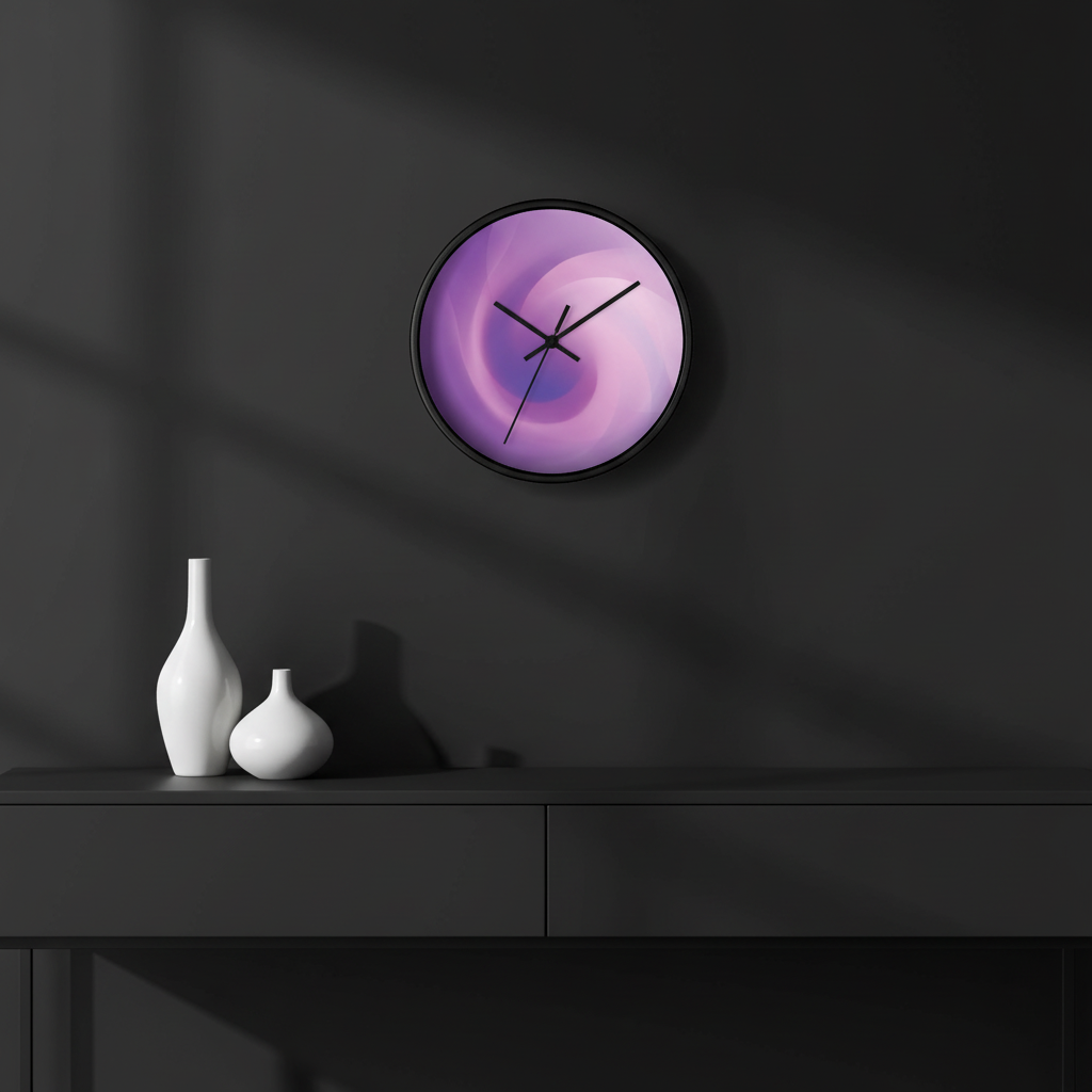 round wall clock "Purple May" modern wall decor in minimalist interior purple abstract clock