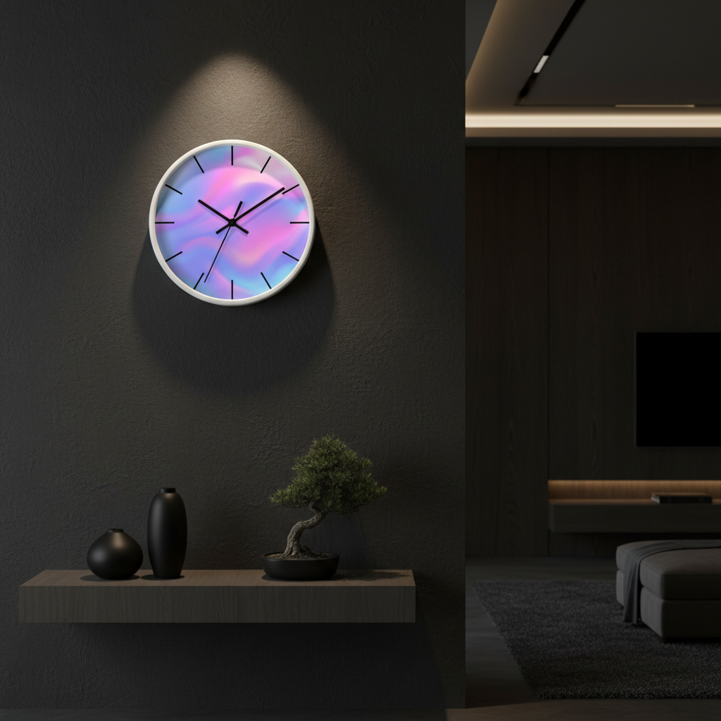 round wall clock "Soft Aura" in dark modern interior luxury decor soft abstract circular design