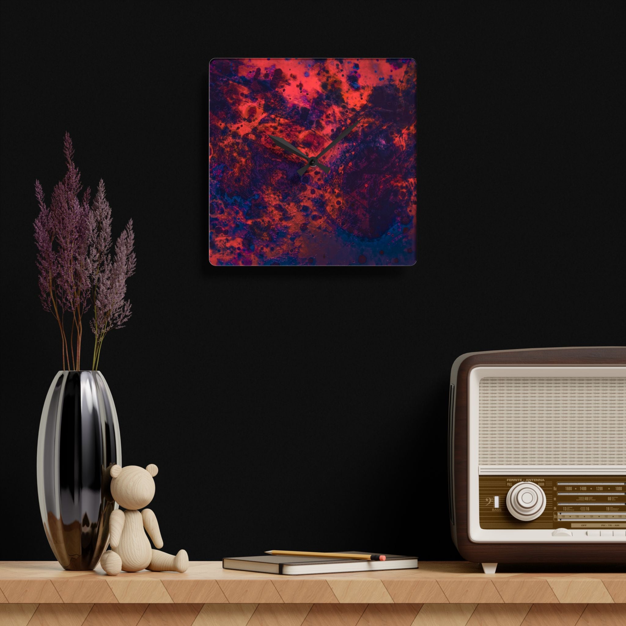 acrylic wall clock "Nocturn I" in dark interior modern wall decor abstract red purple design