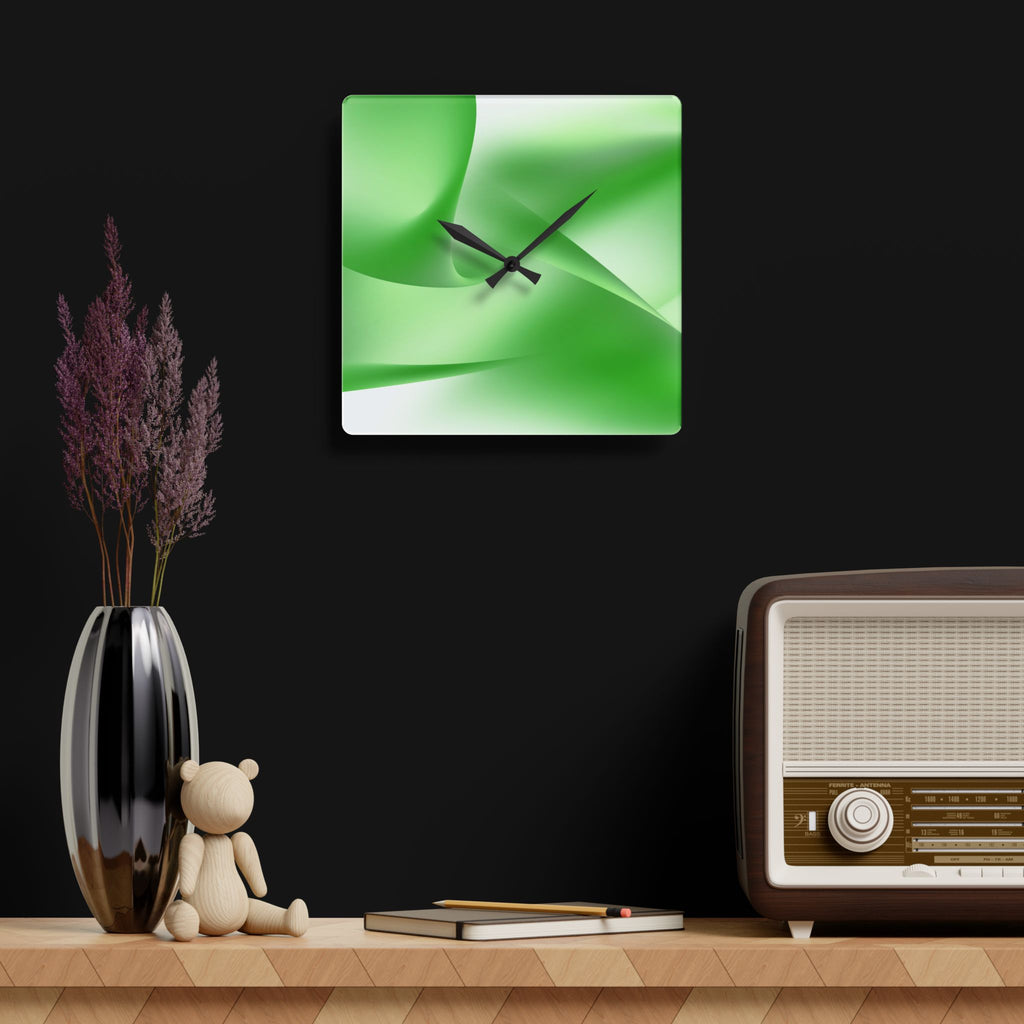 Verdant Aura acrylic wall clock with green abstract gradient design displayed on a dark modern interior wall with soft lighting