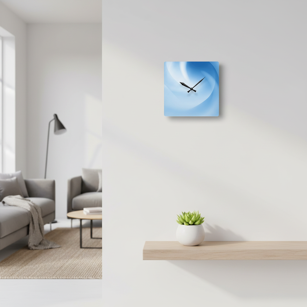 “Atlas Veil” acrylic wall clock by HOUR1207 displayed in a bright white minimalist interior, featuring soft blue vortex-inspired gradients and a calm futuristic aesthetic.