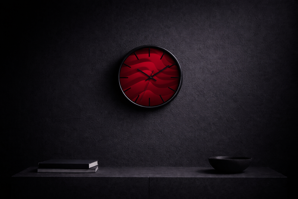 round wall clock "Red Hills" in dark grey interior bold red abstract wall clock minimalist design