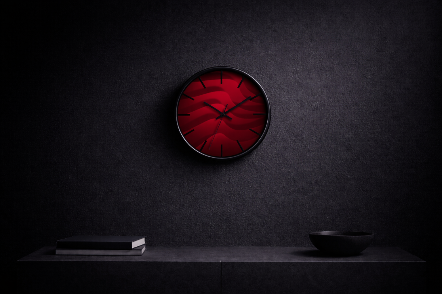round wall clock "Red Hills" in dark grey interior bold red abstract wall clock minimalist design