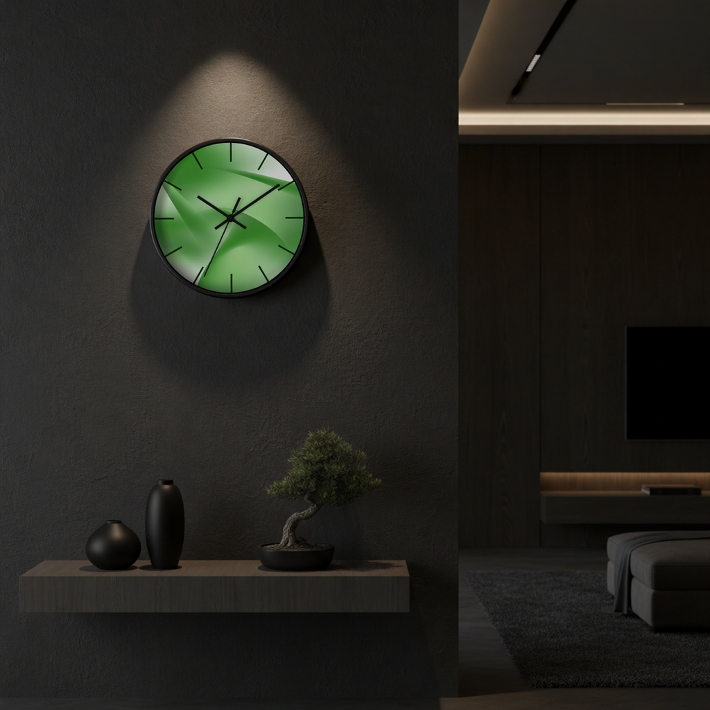 round wall clock "Verdant Aura" in dark modern interior luxury decor green circular artwork
