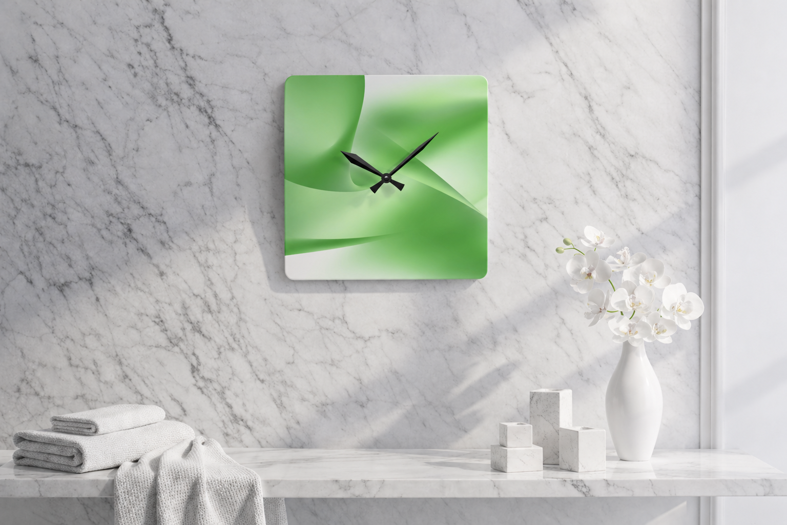 Modern acrylic designer wall clock with abstract green gradient face and black minimalist hands.