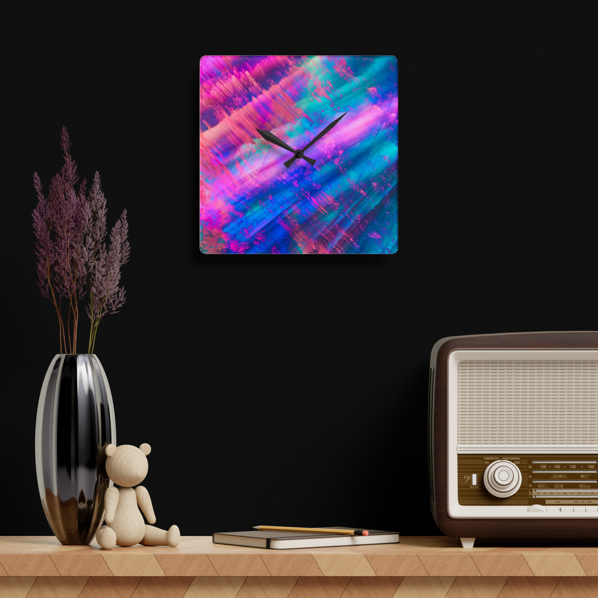 acrylic wall clock "Aurora Dreams" in dark grey interior vibrant gradient wall clock minimalist design