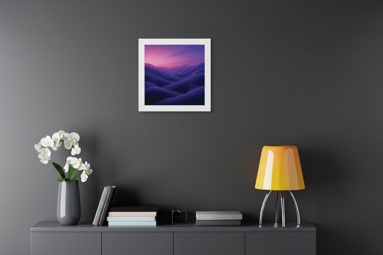 abstract wall art "A Dream of the Violet Valley" in dark interior violet abstract landscape wall art minimalist decor