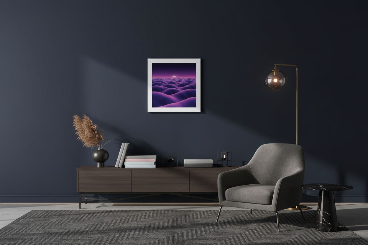 abstract wall art "A Dream of the Violet Valley II" in dark interior purple abstract landscape wall art minimalist decor