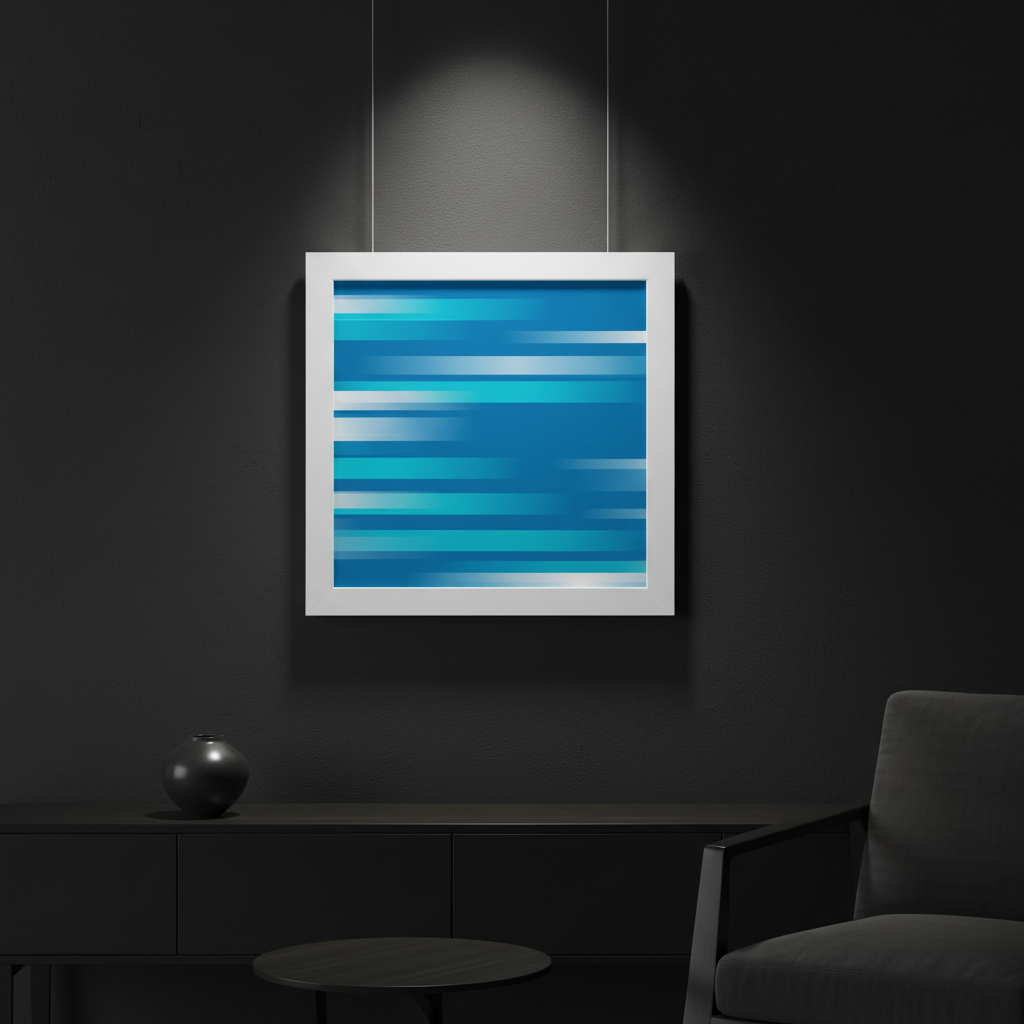 FIRST SOUND by HOUR1207 displayed in a dark minimalist interior — abstract blue geometric wall artwork inspired by hidden sound waves and atmospheric rhythm.