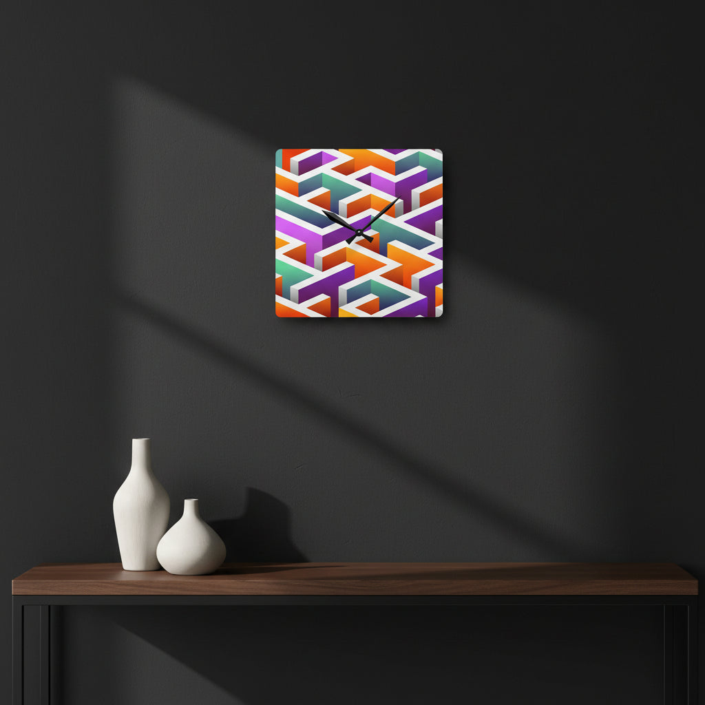 Labyrinth square wall clock by HOUR1207, featuring a bold colorful geometric maze pattern displayed on a dark interior wall.
