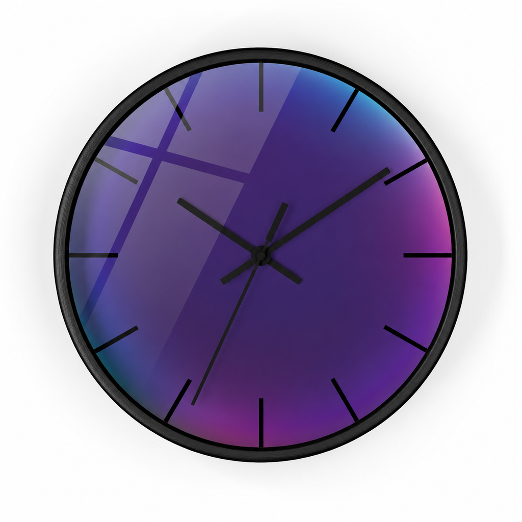 Las Vega Afterlight wall clock featuring a reflective glass finish, cosmic purple gradients and a minimalist black frame designed for modern interiors.