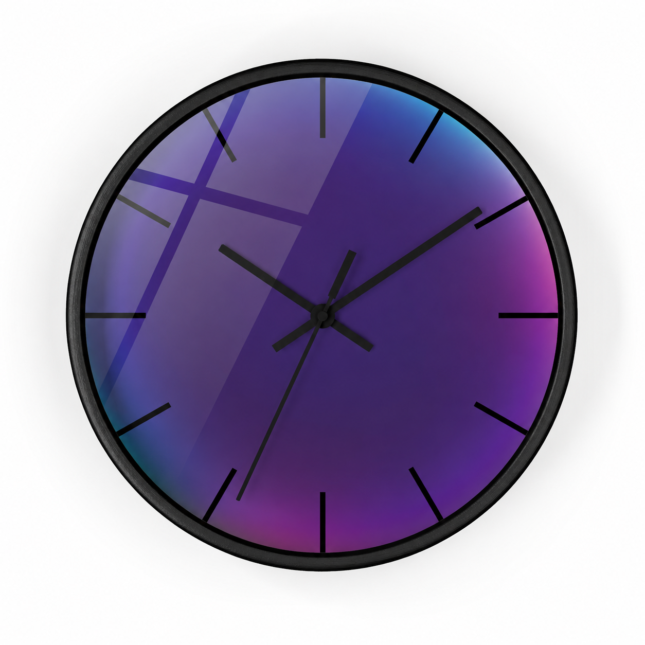 Las Vega Afterlight wall clock featuring a reflective glass finish, cosmic purple gradients and a minimalist black frame designed for modern interiors.