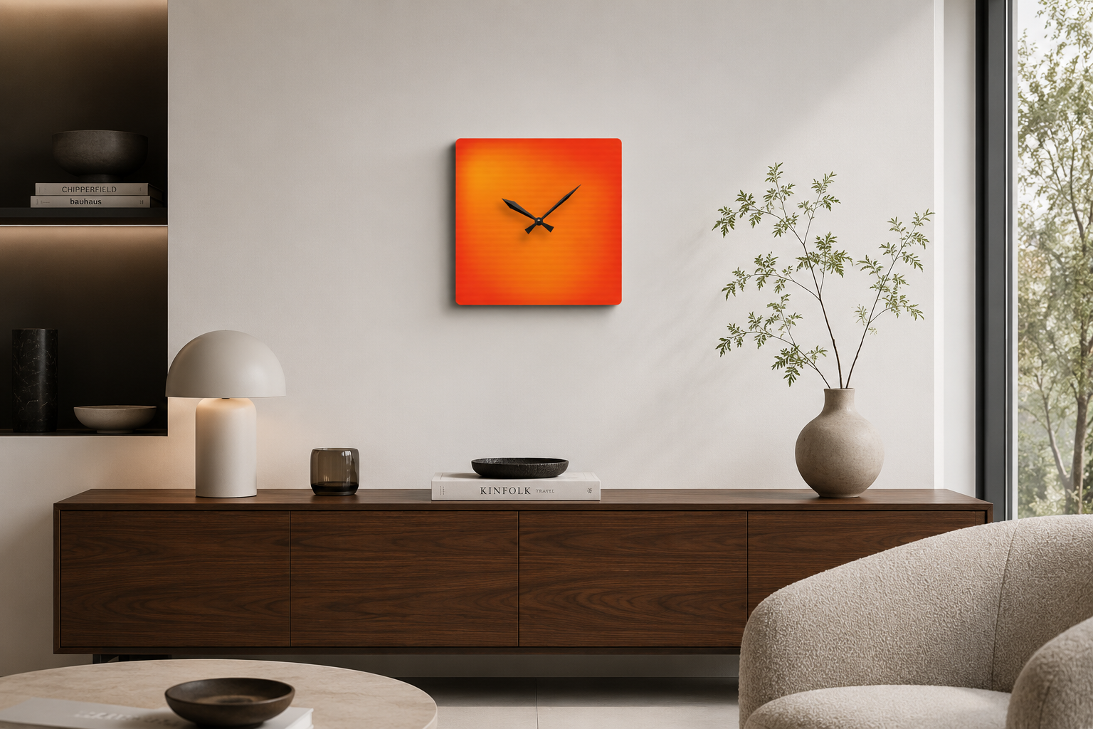 Square acrylic wall clock in vivid orange tones displayed above a dark wooden sideboard in a modern minimalist living room with soft natural light.HOUR1207