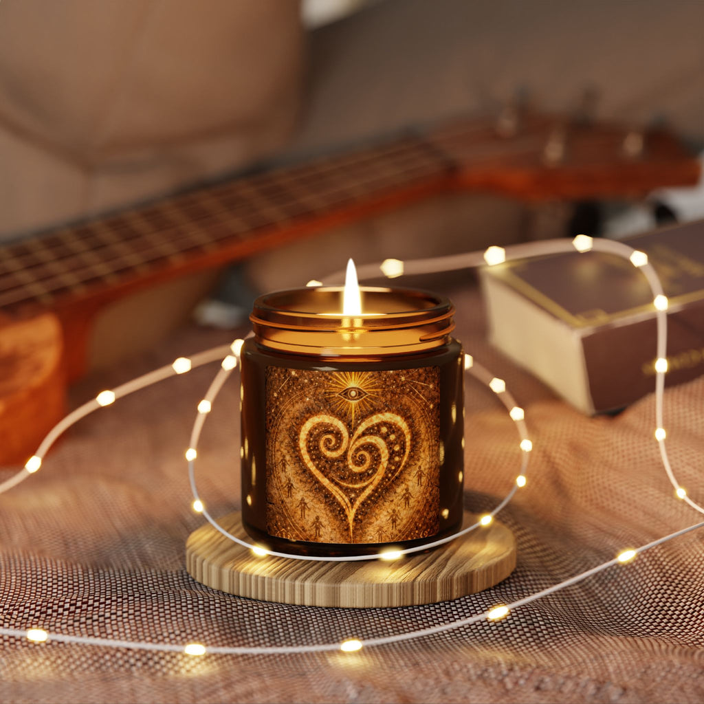 Close view of Primal Heart candle with glowing flame and heart symbol
