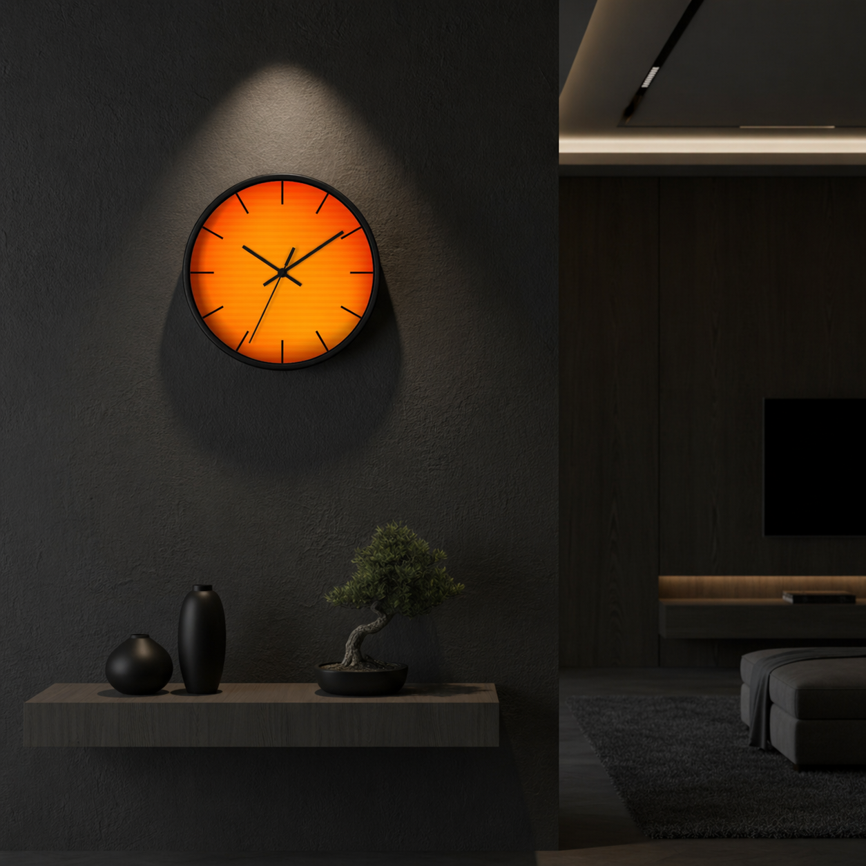 round wall clock "Solaris Noir" in dark modern interior luxury decor glowing orange circular design