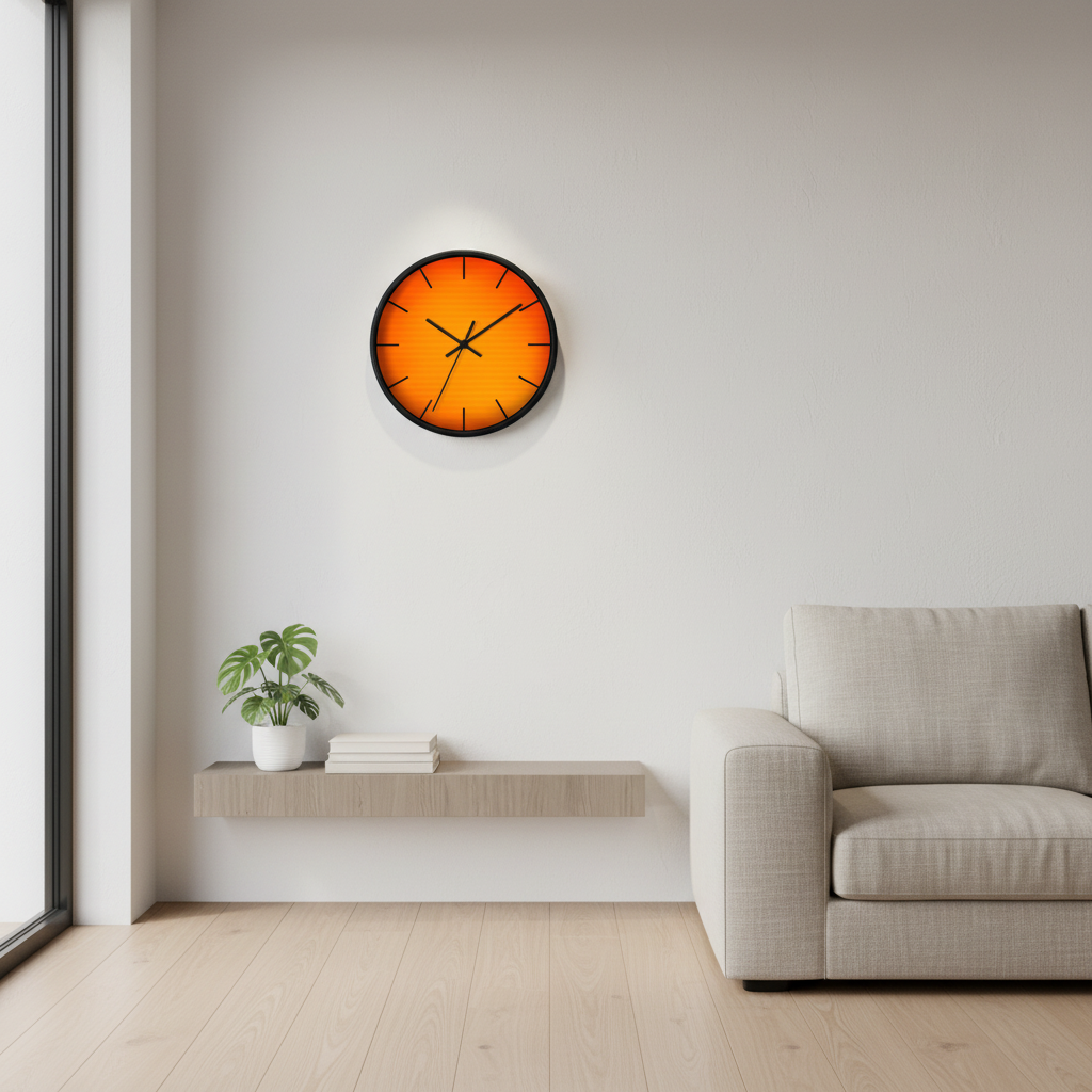 round wall clock "Solaris Noir" in modern interior above console minimalist home decor orange glow