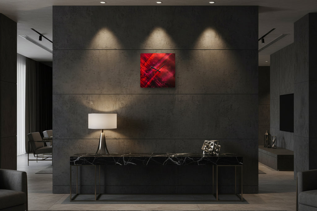 acrylic wall clock "Red Dragon II" in dark grey interior intense red abstract wall clock minimalist design