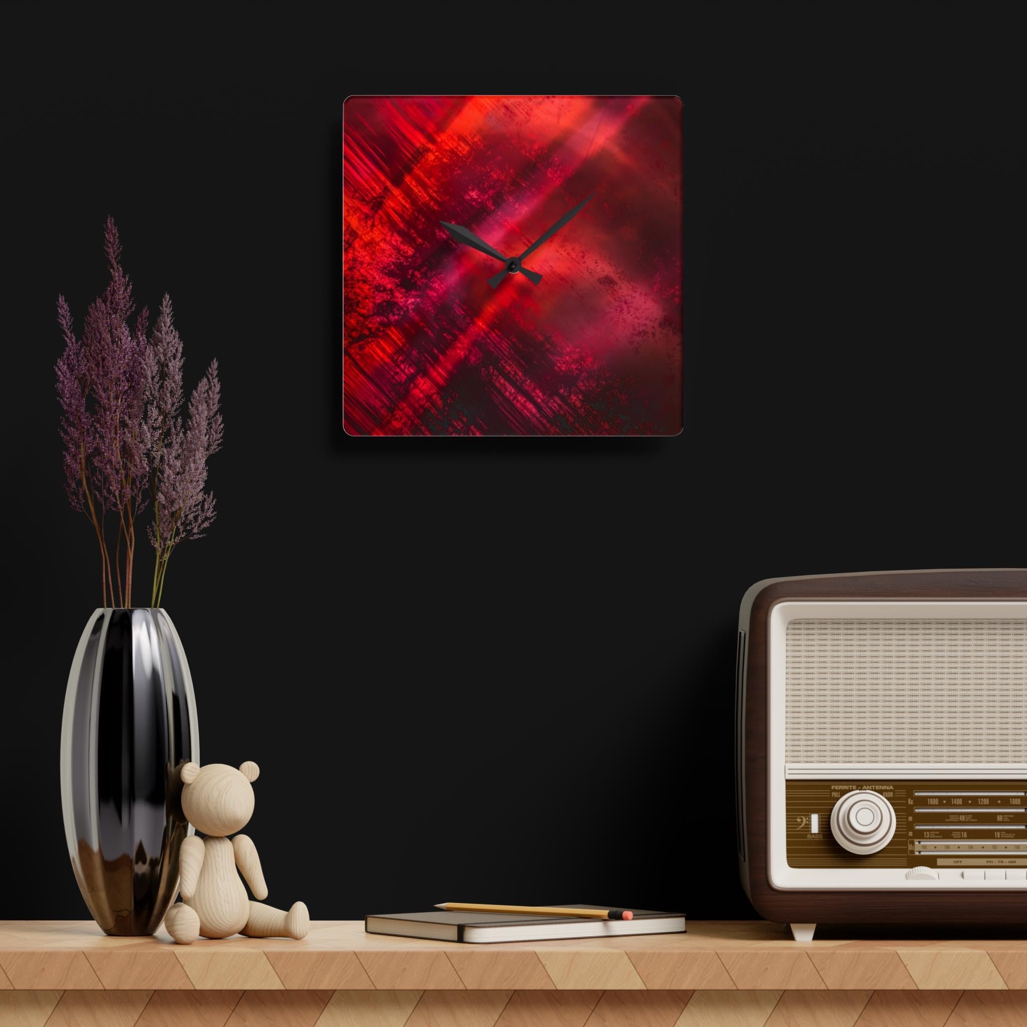 acrylic wall clock "Red Dragon II" in dark grey interior intense red abstract wall clock minimalist design