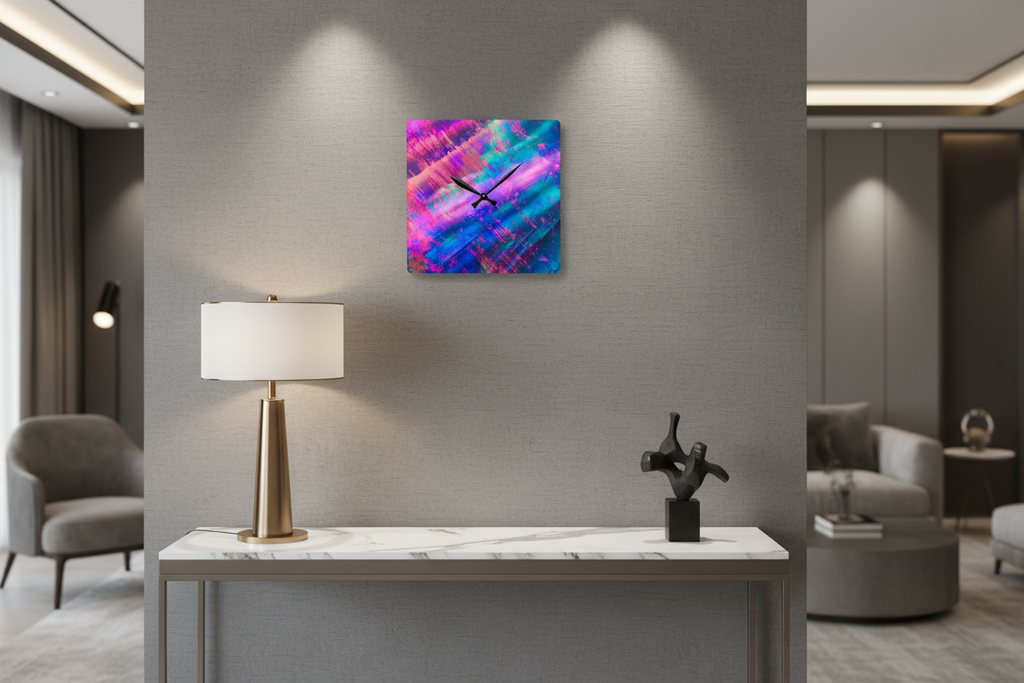 acrylic wall clock "Aurora Dreams" in dark grey interior vibrant gradient wall clock minimalist design