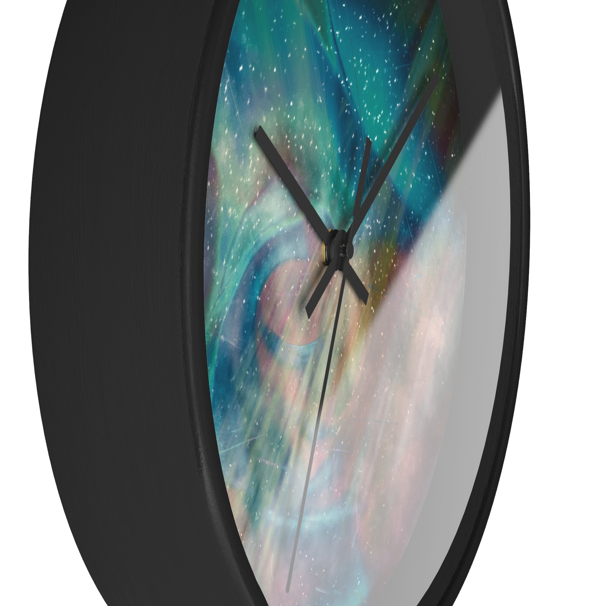 Detail of the HOUR1207 ‘Into Space’ round wall clock featuring a deep blue cosmic spiral design enclosed in a minimalist white frame. 