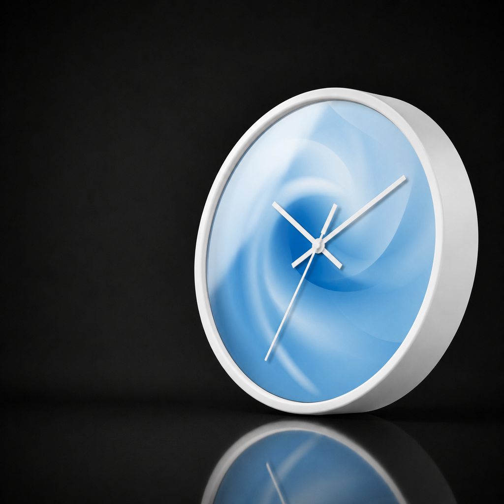 Atlas Veil round wall clock with a white wooden frame and soft blue abstract spiral artwork, presented in a premium dark studio setting with a gentle acrylic reflection and subtle mirrored surface.