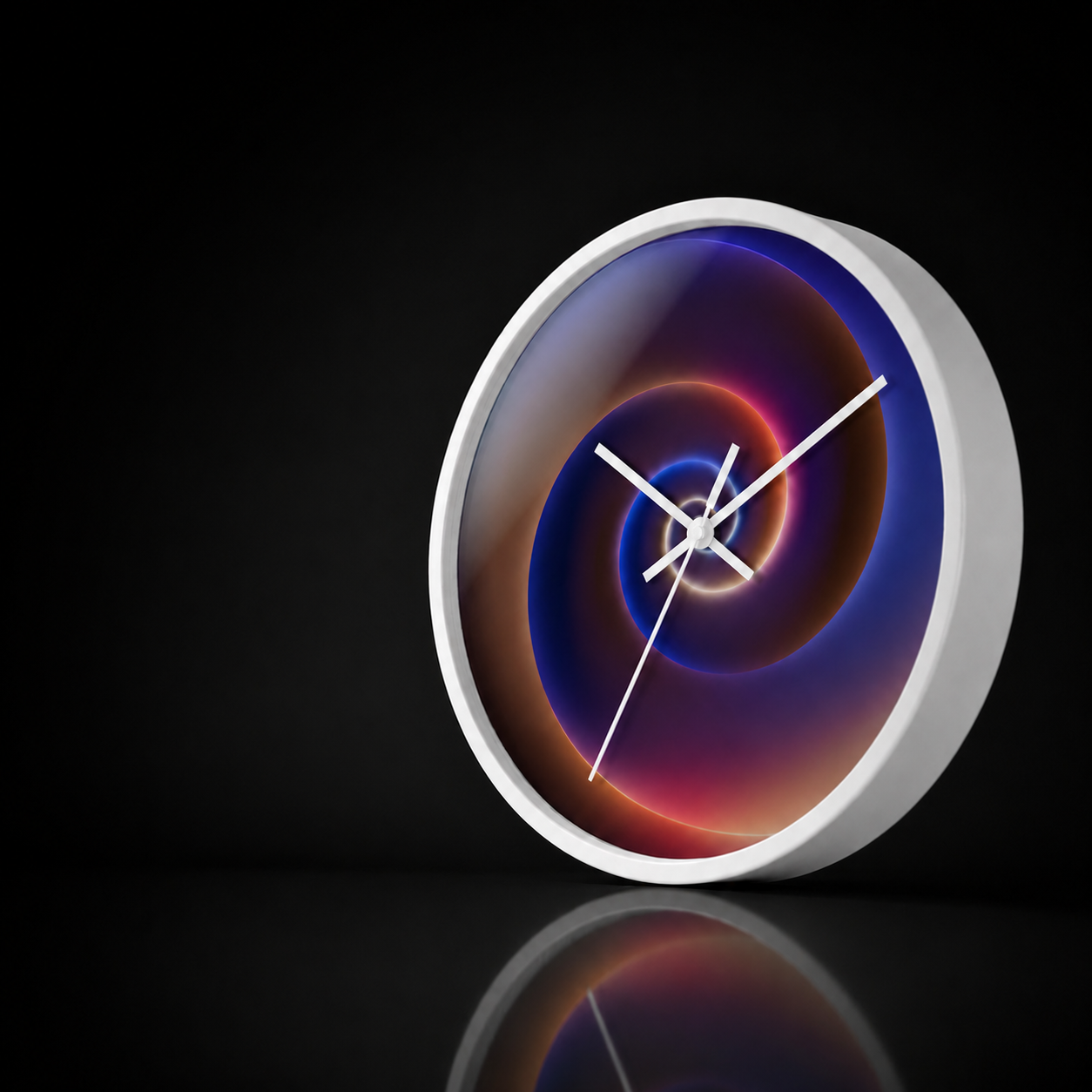 Auren abstract acrylic wall clock by HOUR1207 with a glowing blue, violet and orange spiral design, white frame and minimalist hands on a black reflective background.