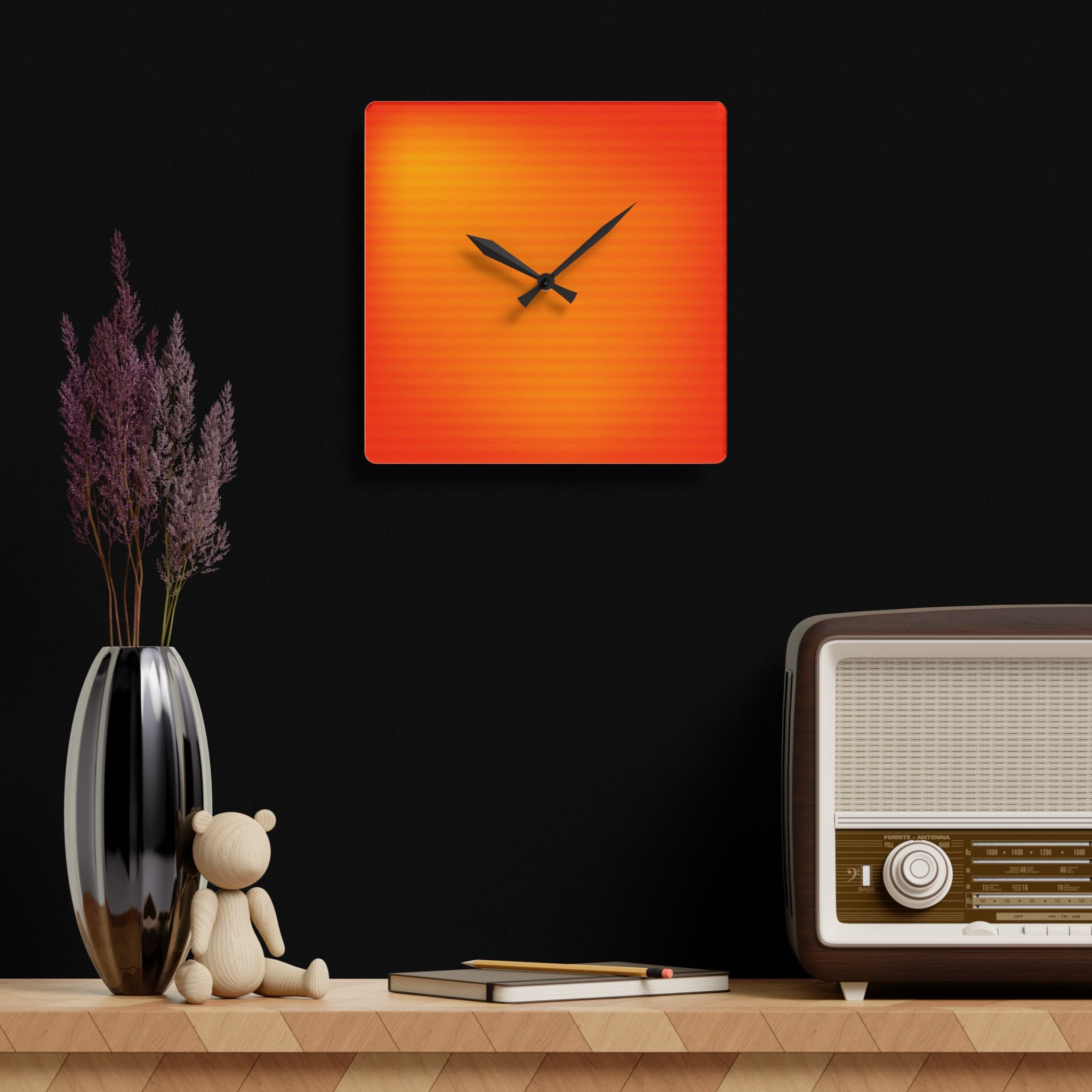 AUREN acrylic wall clock displayed on a dark wall above a wooden console in a modern interior