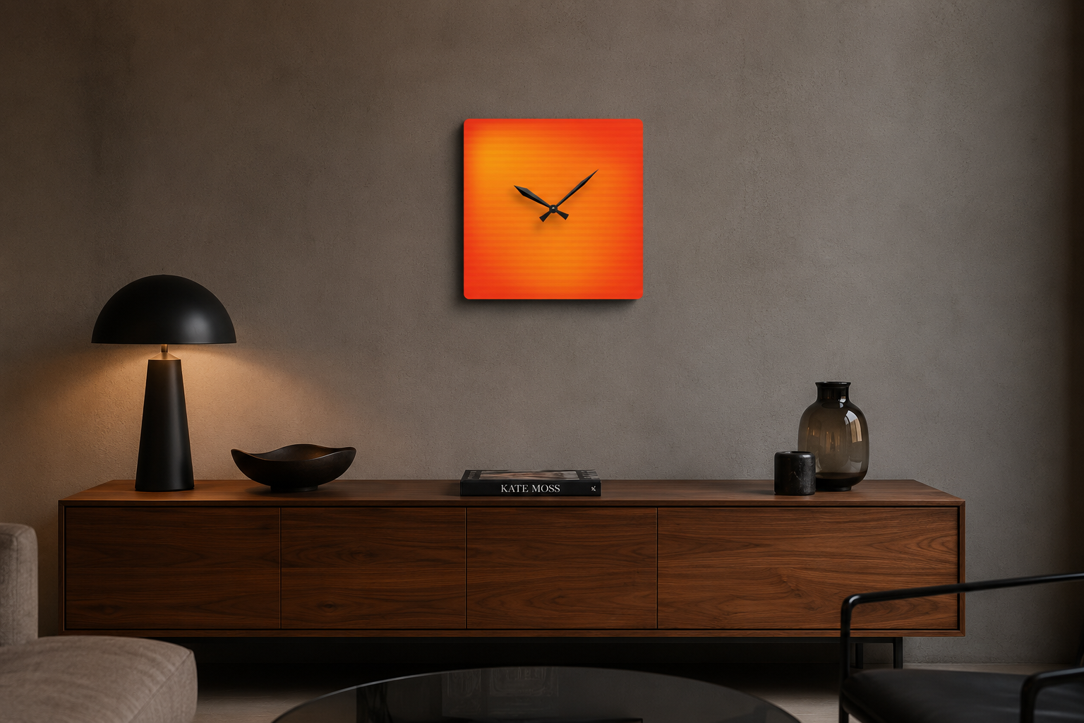 AUREN square acrylic wall clock displayed on a dark textured wall above a walnut sideboard in a modern interior