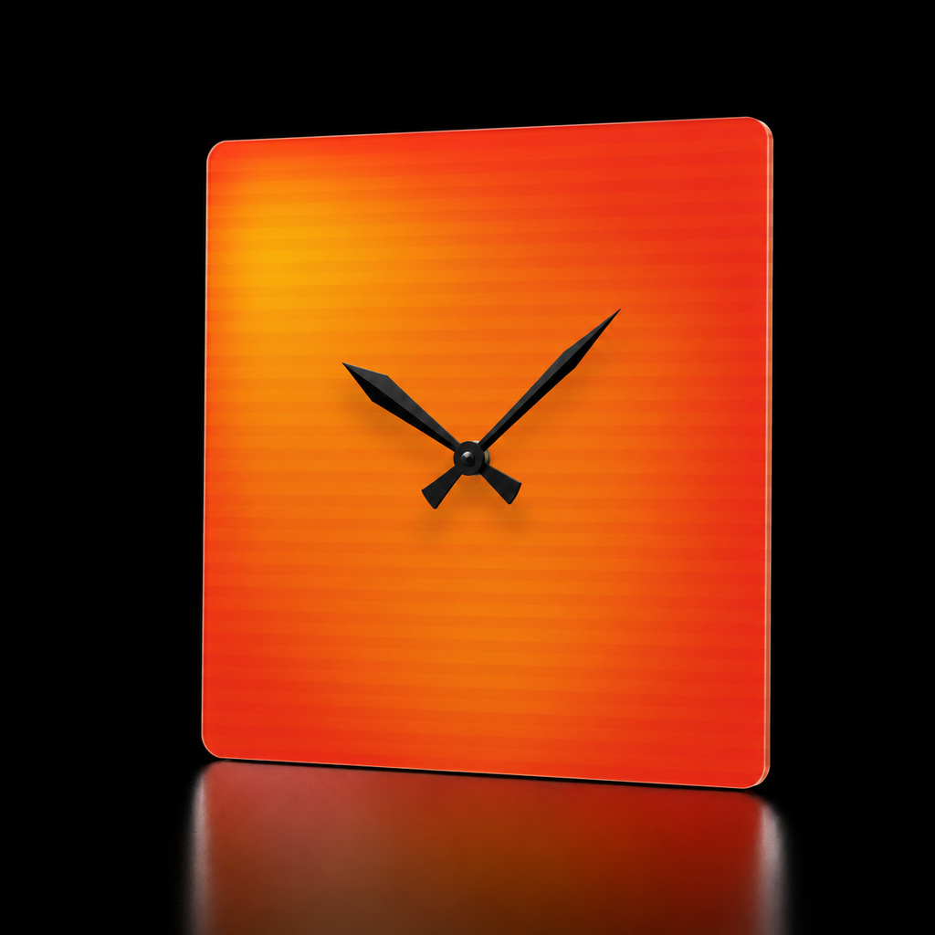 AUREN square acrylic wall clock by HOUR1207 with a warm orange and red gradient face, matte black hands and a subtle reflection on a dark studio background.