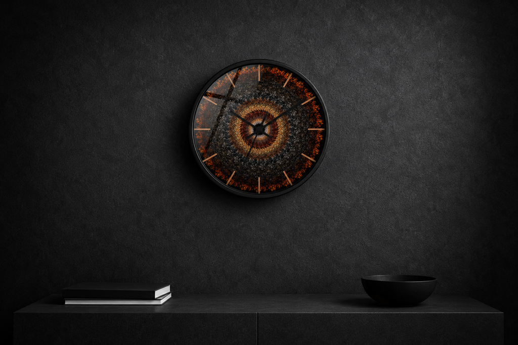Chronocore wall clock presented in a minimalist gallery-inspired interior with dramatic lighting and textured charcoal walls