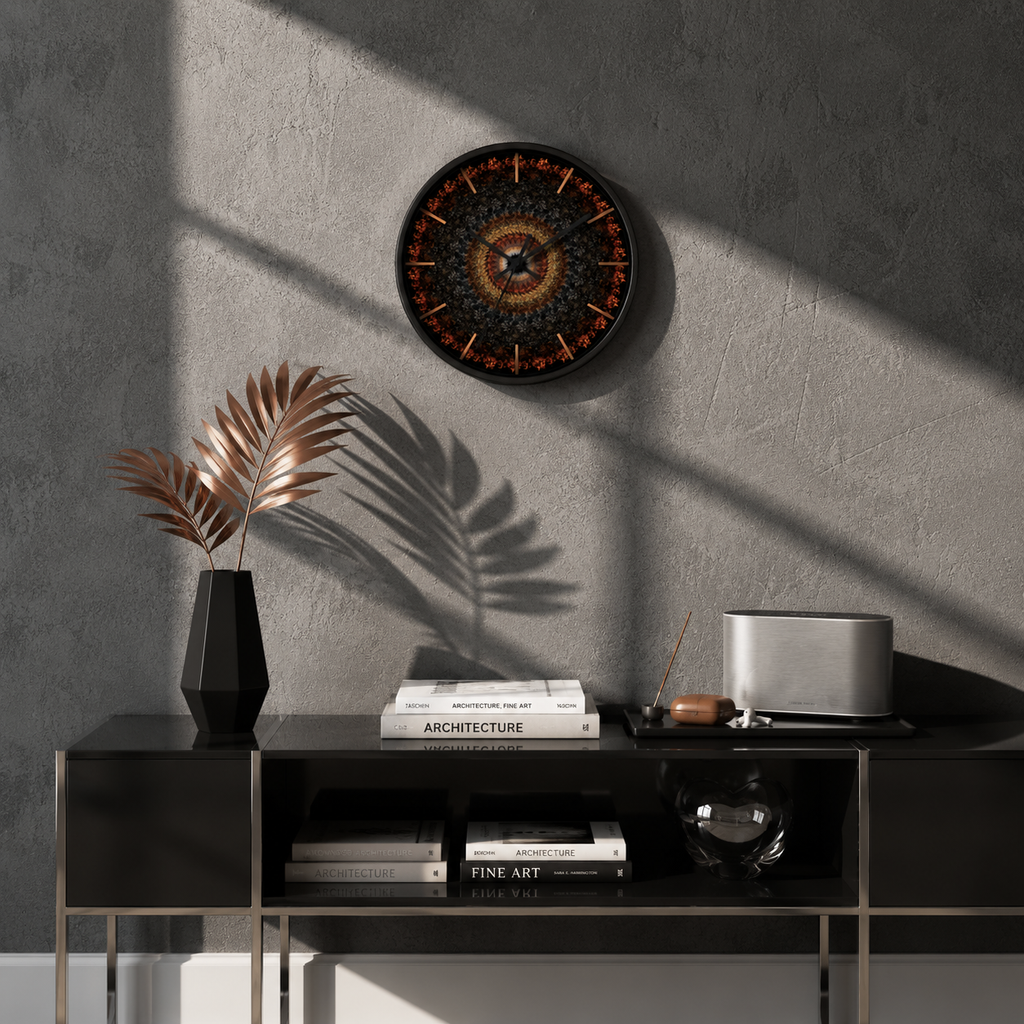Chronocore artistic wall clock presented in an elegant contemporary interior with warm ambient lighting