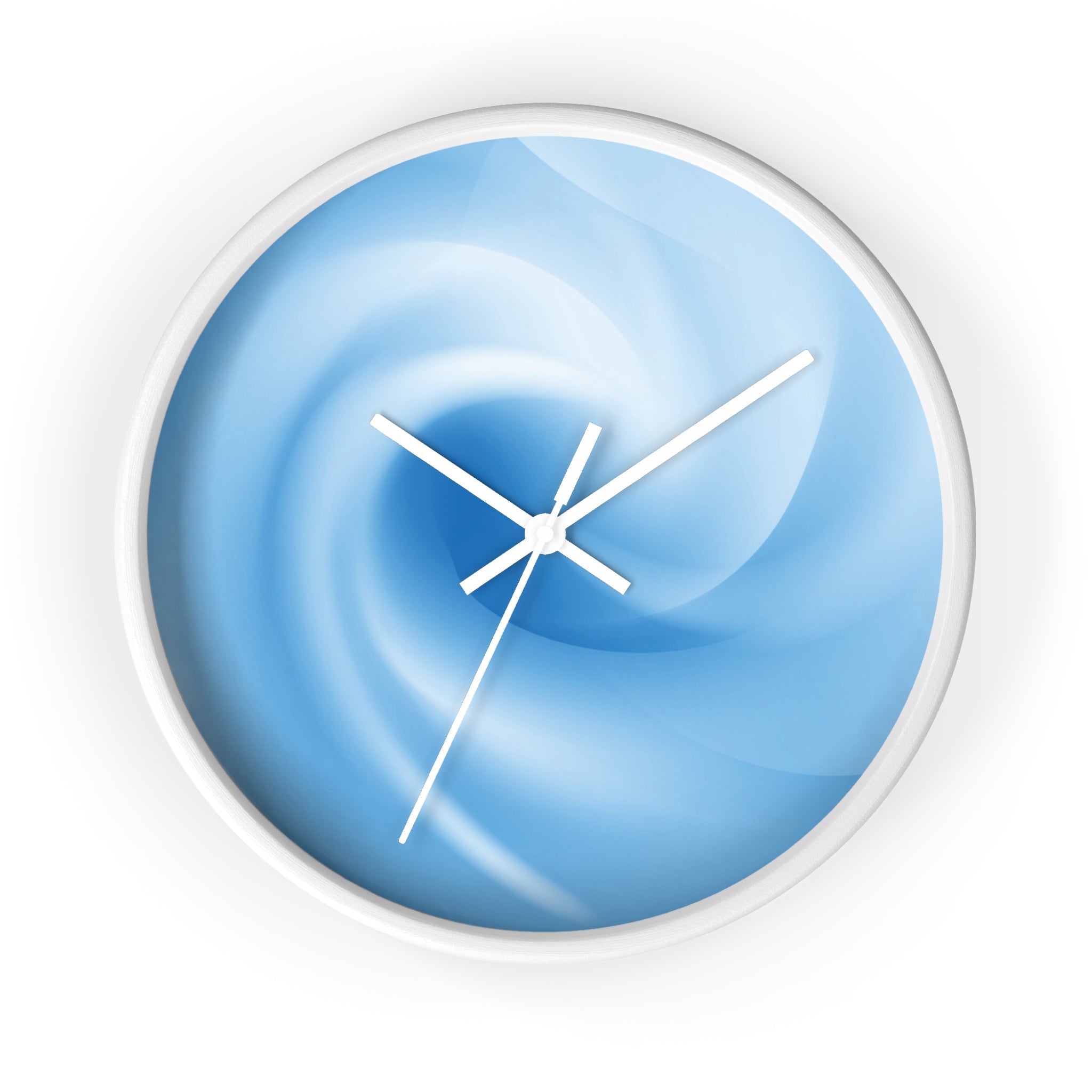 “Atlas Veil” round wall clock by HOUR1207 featuring a soft blue vortex-inspired abstract composition with flowing layered gradients and minimalist white hands, creating a calm futuristic atmosphere.