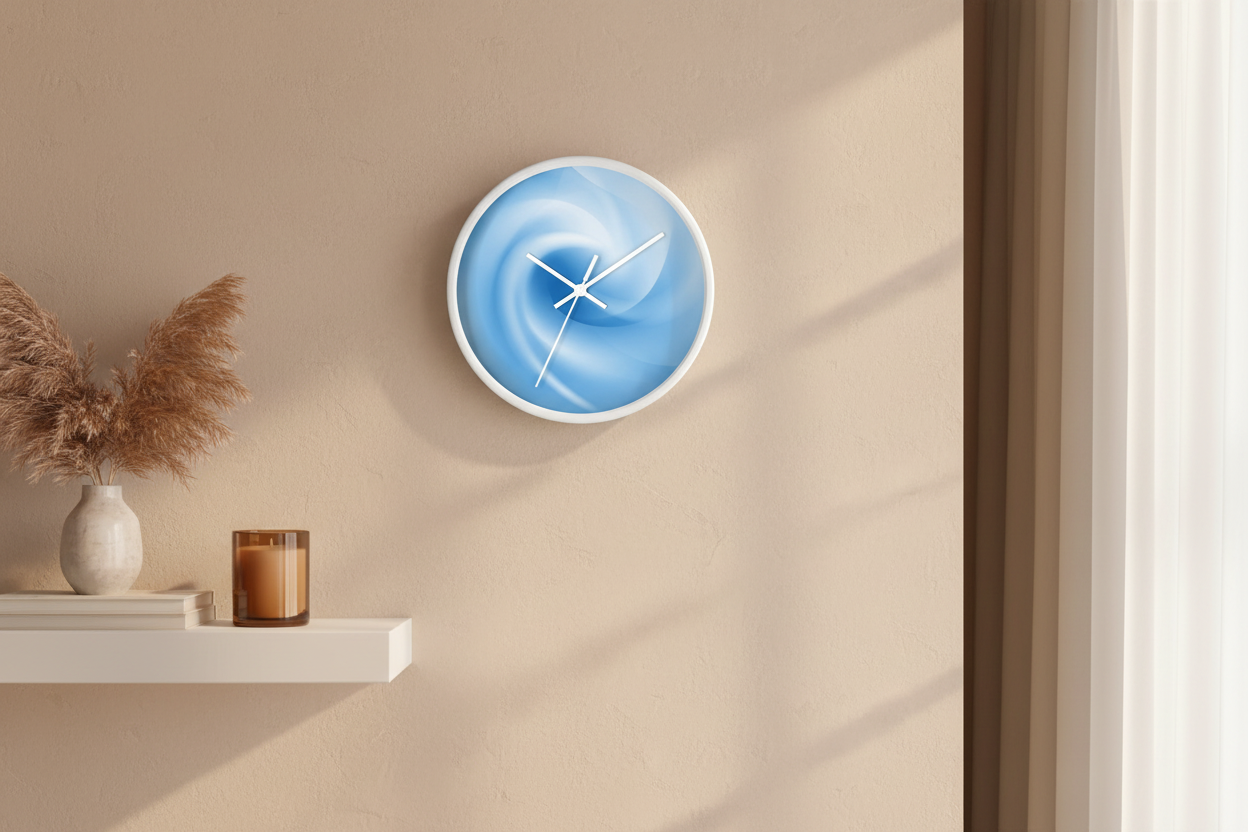 “Atlas Veil” round wall clock by HOUR1207 featuring a soft blue vortex-inspired abstract composition with flowing layered gradients and minimalist white hands, creating a calm futuristic atmosphere.