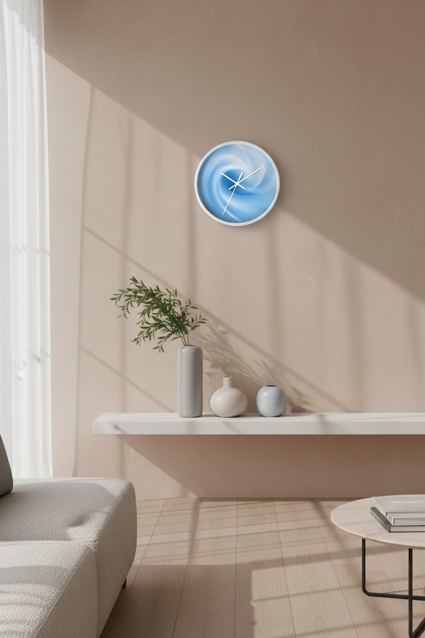 “Atlas Veil” round wall clock by HOUR1207 featuring a soft blue vortex-inspired abstract composition with flowing layered gradients and minimalist white hands, creating a calm futuristic atmosphere.