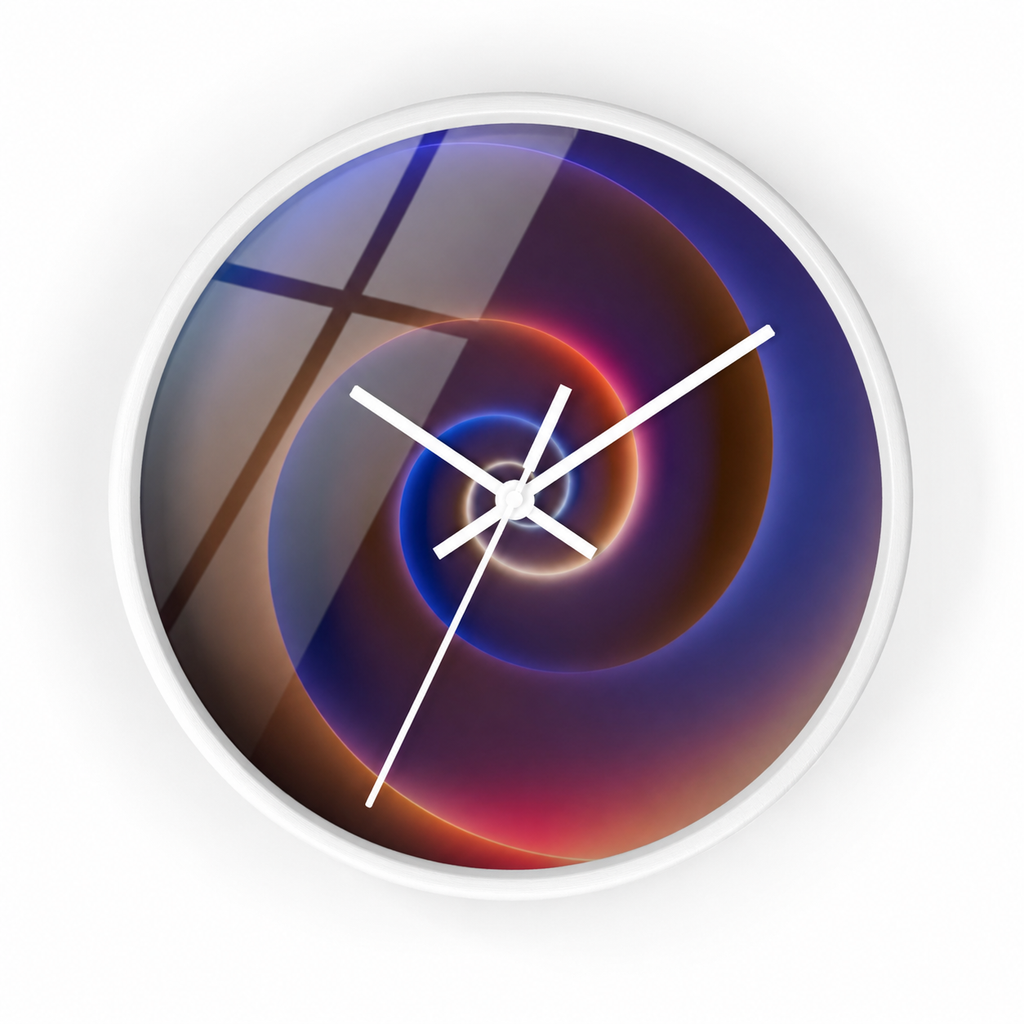 “Eclipse Spiral” wall clock by HOUR1207 featuring a glossy reflective surface, luminous spiral-inspired gradient composition, white frame detail, and atmospheric neon-inspired tones.