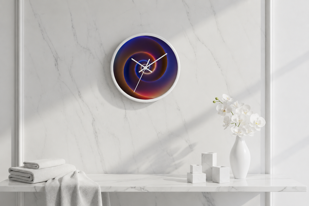 Eclipse Spiral designer wall clock by HOUR1207 displayed on a minimalist marble wall interior.