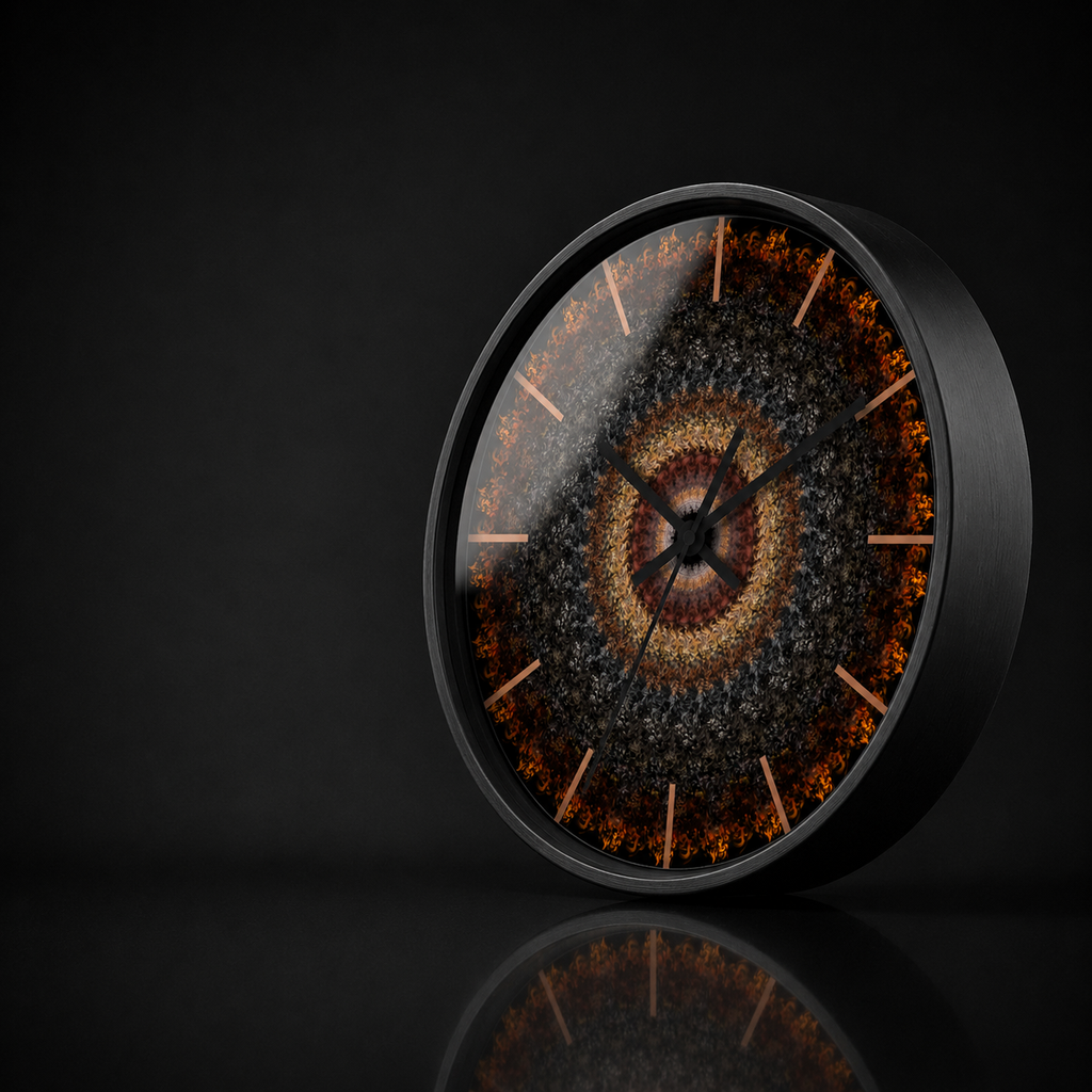 Embers of Eternity round wall clock with a black wooden frame and dark ember-toned mandala artwork, presented in a premium dark studio setting with a pronounced acrylic reflection and subtle mirrored surface.